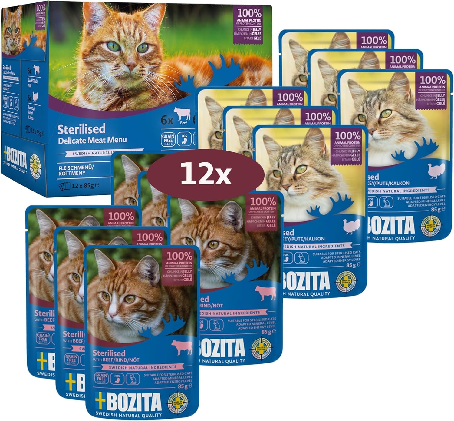 Bozita Sterilized Nassfutter Häppchen in Gelee mit Fleisch - 12x85g Portionsbeutel GetreideFreies & Weizenfreies Futter für Katzen - Katzen Nassfutter med 8,5% Protein & 3,5% Fettgehalt