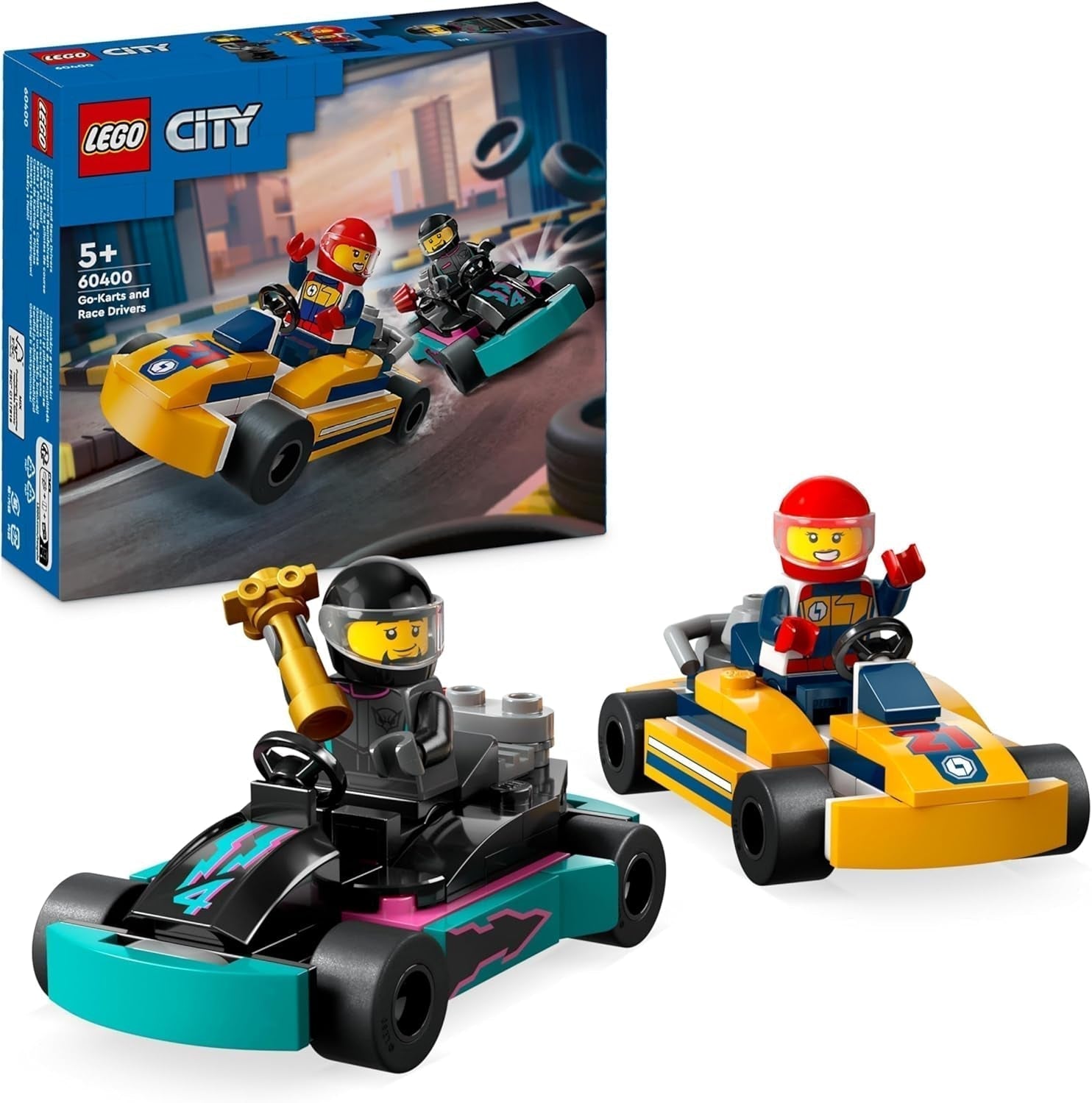 LEGO City Go-Karts med chauffører, 2 minifigurer fører- og racerbilssæt, billegetøj til 5-årige drenge og piger, sjov gave til børn 60400 byggesæt Besuche den LEGO-Store Single