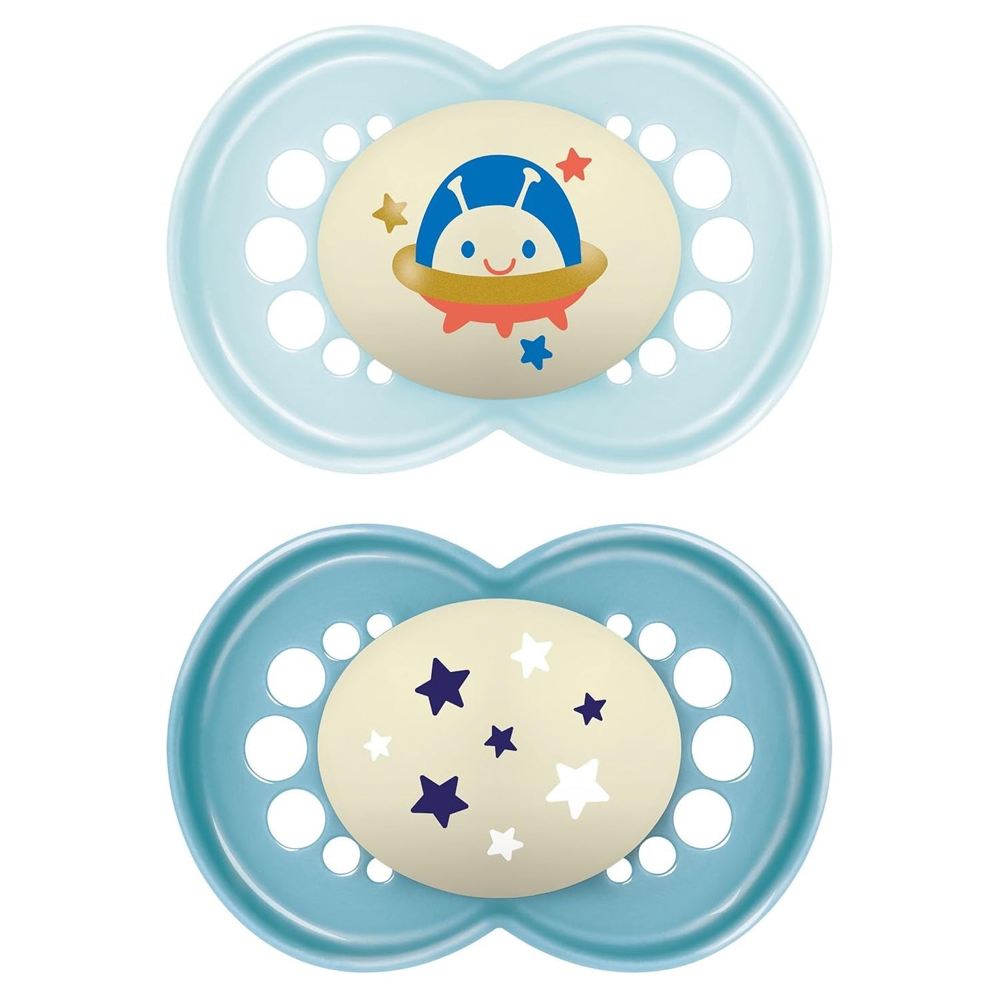 MAM sut 6+ måneder (2 pakke) MAM 6-16 måneder Glow in the Dark med gummisut, 2 pakke med steriliserende sutteholder, lyseblå/lyseblå