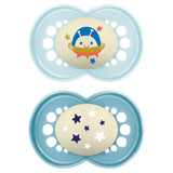 MAM sut 6+ måneder (2 pakke) MAM 6-16 måneder Glow in the Dark med gummisut, 2 pakke med steriliserende sutteholder, lyseblå/lyseblå