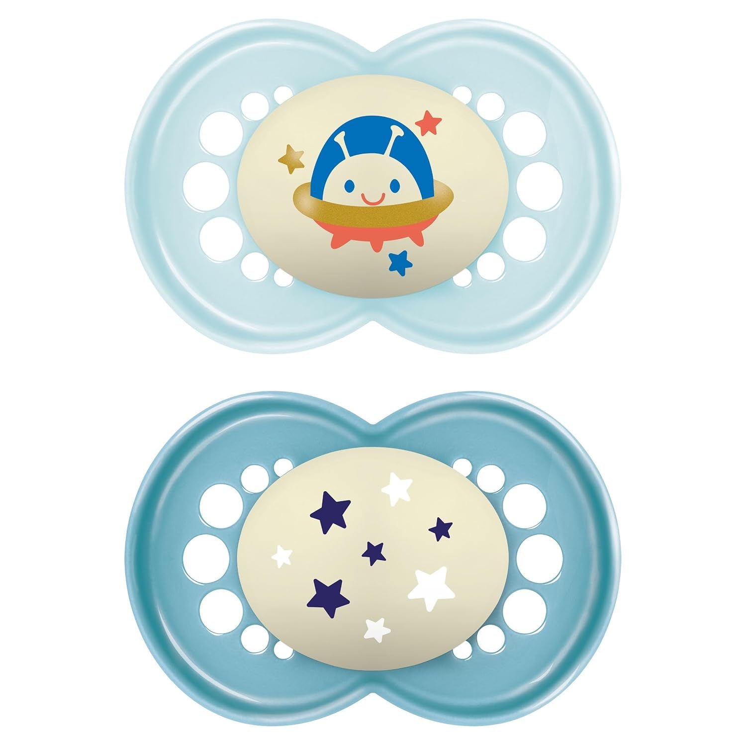 MAM sut 6+ måneder (2 pakke) MAM 6-16 måneder Glow in the Dark med gummisut, 2 pakke med steriliserende sutteholder, lyseblå/lyseblå