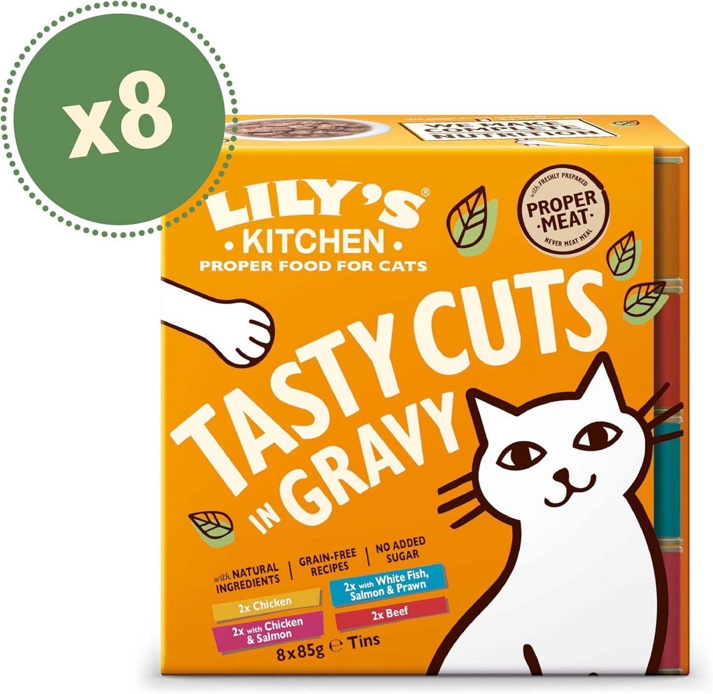 Lily's Kitchen våd voksen kattefoder, lavet med naturlige ingredienser, lækre stykker i sovs, multipakke, 8 æsker x 85 g