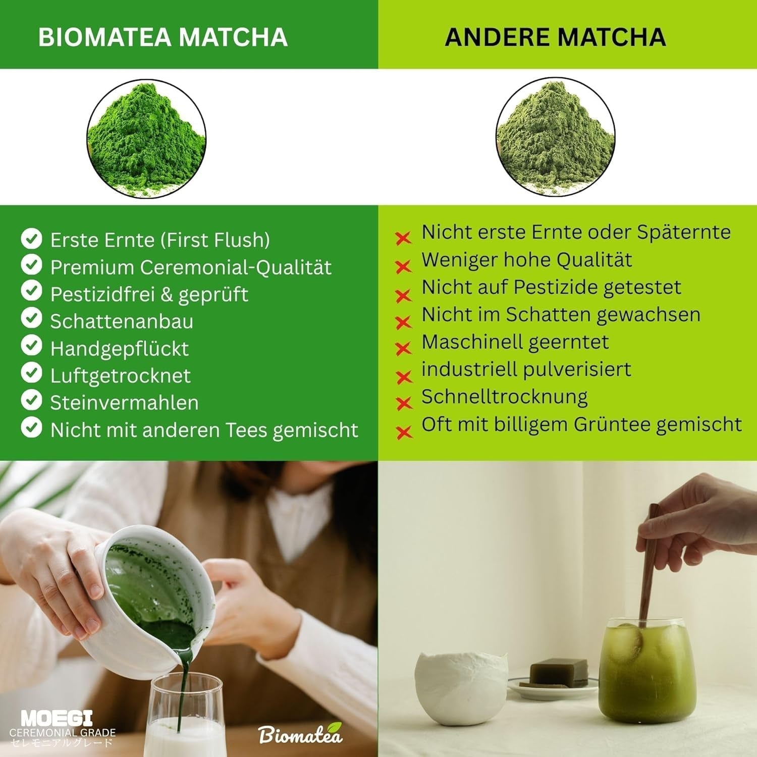 50G Matcha af ceremoniel kvalitet fra Japan - 100 % naturlig, pesticidfri og testet - Stenmalet - Moegi Matcha Premium japansk tepulver