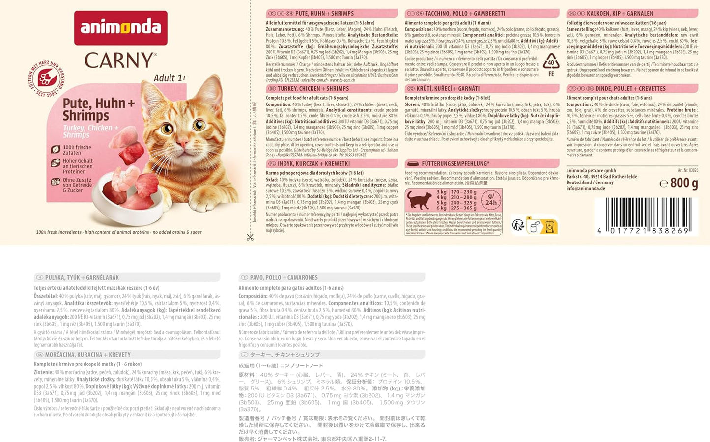 Animonda Carny våd kattefoder kalkun + kylling + rejer (6 x 800 g), kornfri, sukkerfri vådfoder med friske kødingredienser