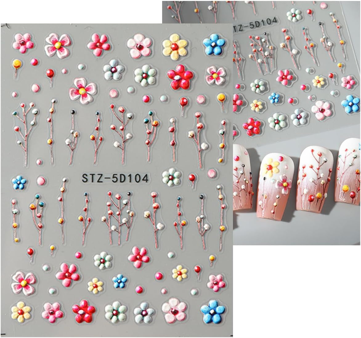 JMEOWIO 3D Nagelsticker Blume Nail Art Sticker Selbstklebend Nagelaufkleber 5D Stereoskopisk Frühling Sommer Floral Dekoration Nageldesign Zubehör 4 Blatt