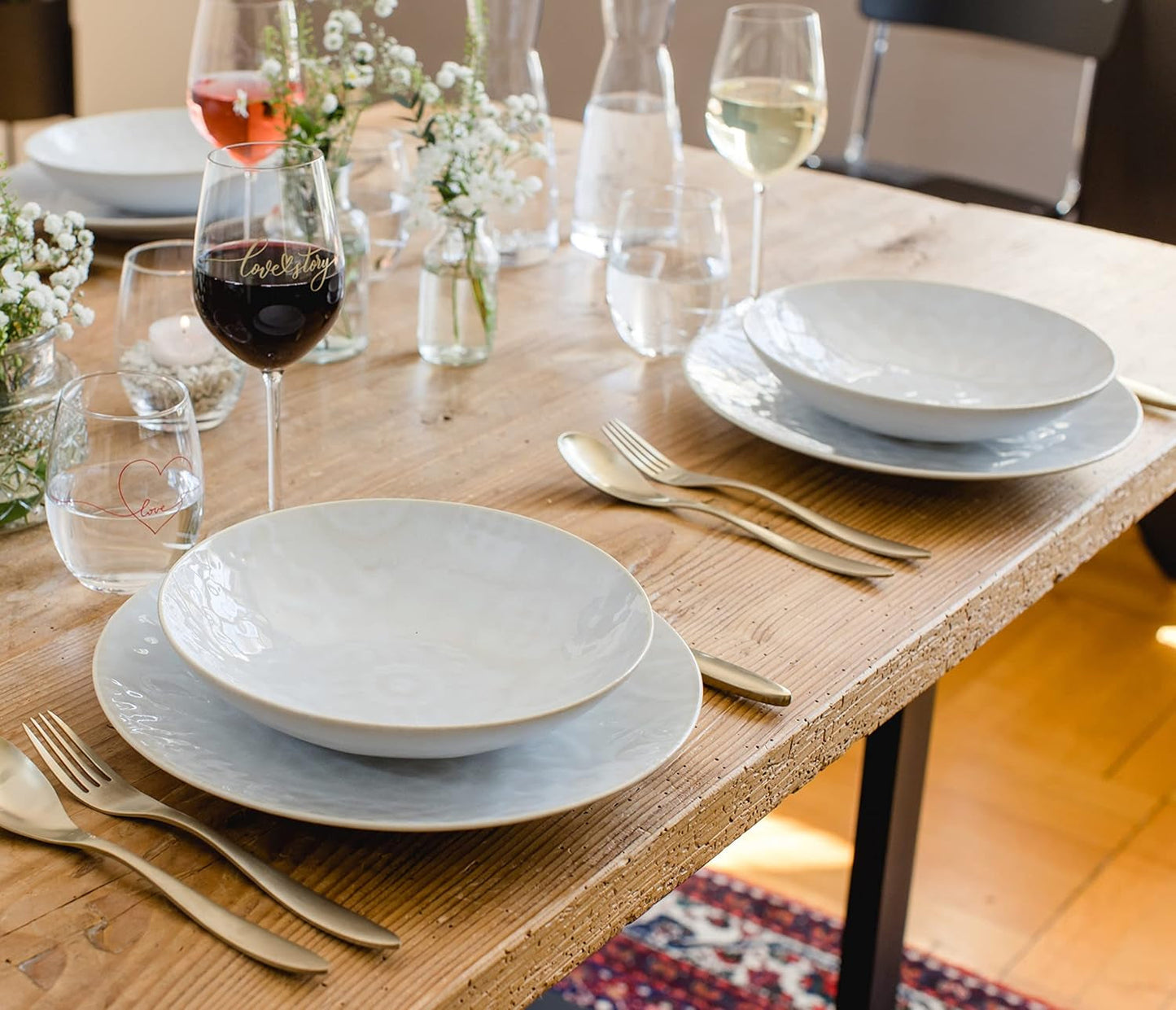 MÄSER 935079 Moderne vintage servisesæt til 2, maurisk design, 8-delt bordservice, højkvalitets keramiske tallerkener og skåle, stentøj, hvid