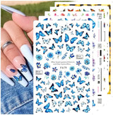JMEOWIO Nagelsticker Schmetterling 8 Blätter Nagelaufkleber Selbstklebend Blau Schwarz Gold Schmetterling Nail Art Dekoration Nagel Design Tilbehør