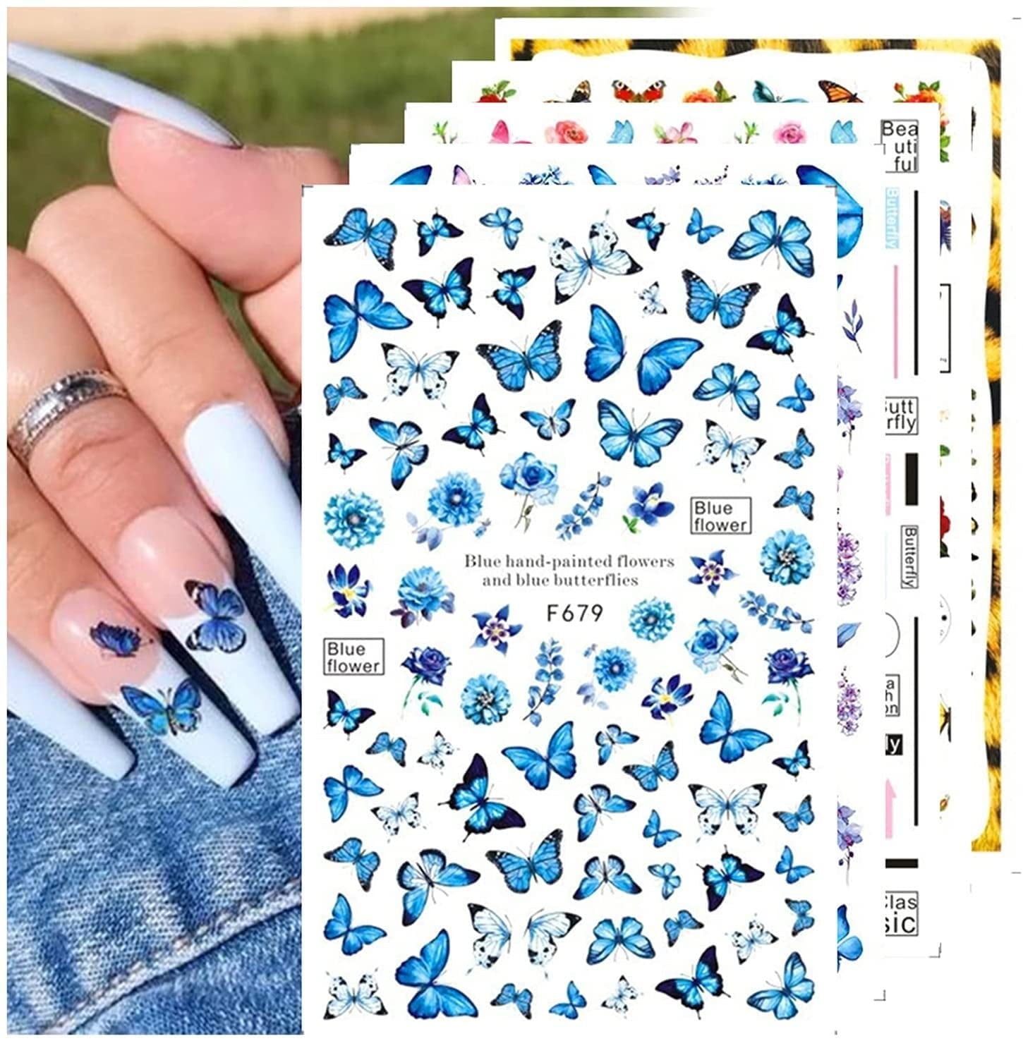 JMEOWIO Nagelsticker Schmetterling 8 Blätter Nagelaufkleber Selbstklebend Blau Schwarz Gold Schmetterling Nail Art Dekoration Nagel Design Tilbehør