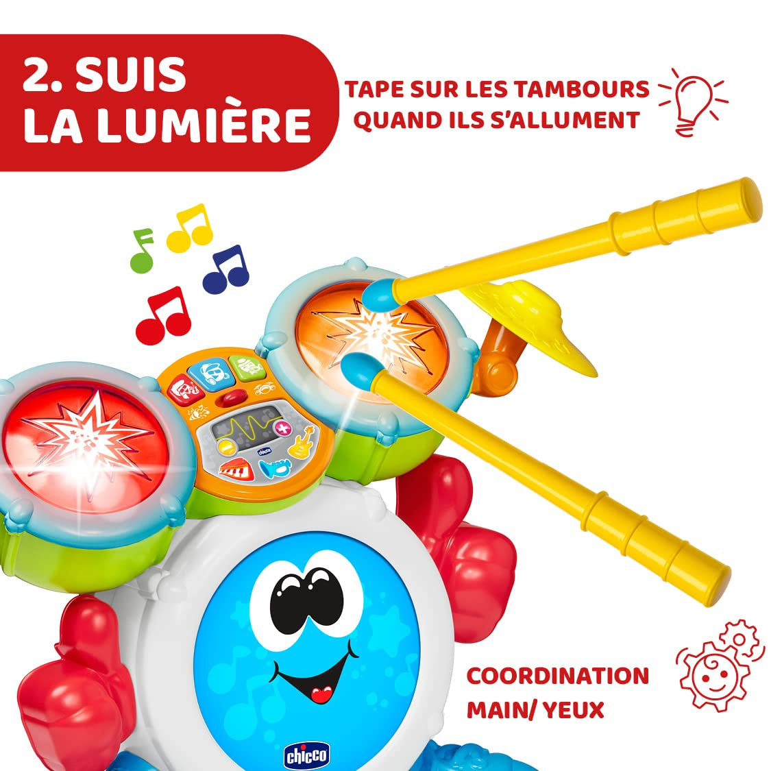 Chicco 00009820100000 Mi First trommesæt med lys og lyde, 3 spilletilstande Musikinstrument med batteri til børn, flerfarvet, stor Jucarii Bebe Naty Shop