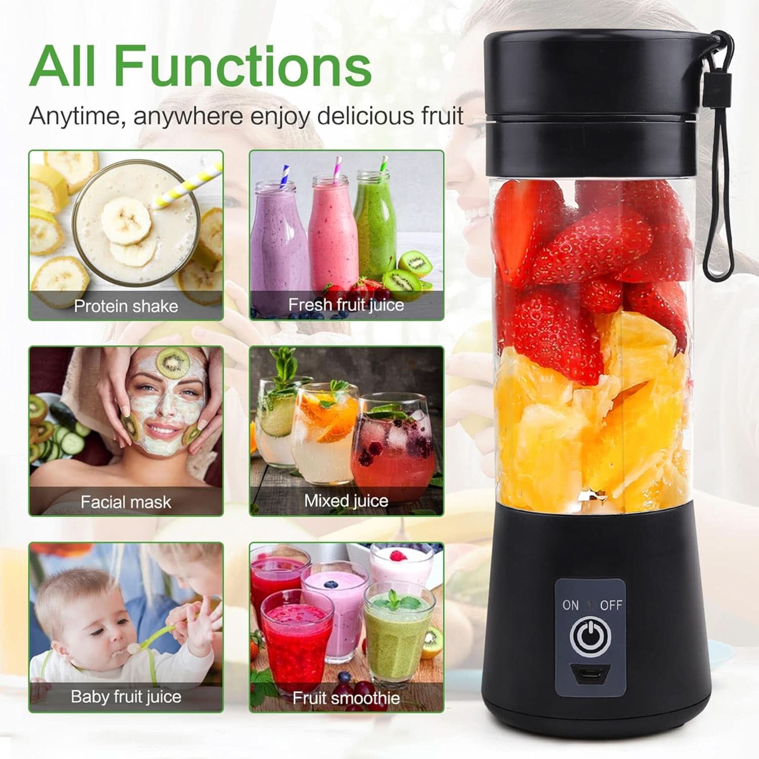 Mixer Smoothie Maker Tragbarer Entefter: 380Ml Standmixer Persönlicher Shaker Proteinshake Mit 6 Edelstahlmesser Tragbar-Bpa-Freie Mit Usb-Mixbecher Für Shakes,Saftoutdoor,Schwarz Bucatarie Naty Shop