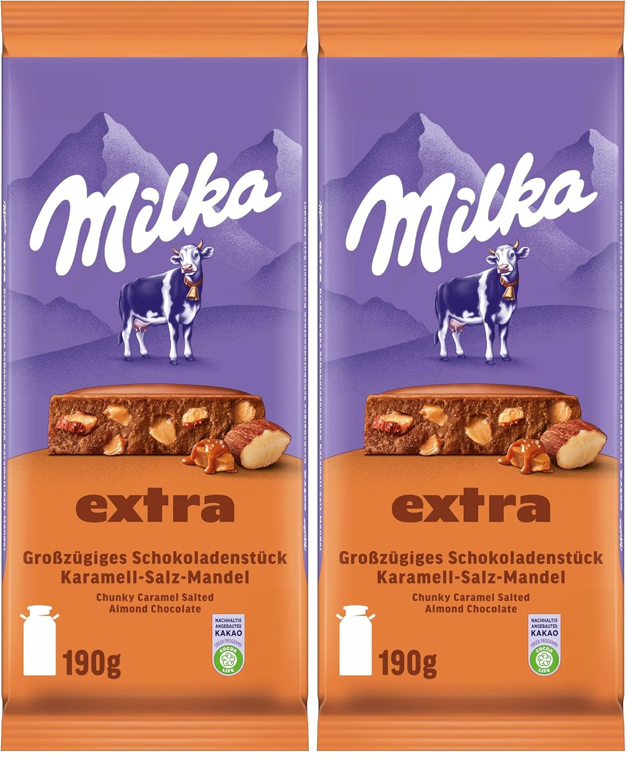 Milka Extra Caramel Salt Mandel - Alpine mælkechokolade med stykker af karamel, mandler og en knivspids salt - 190g