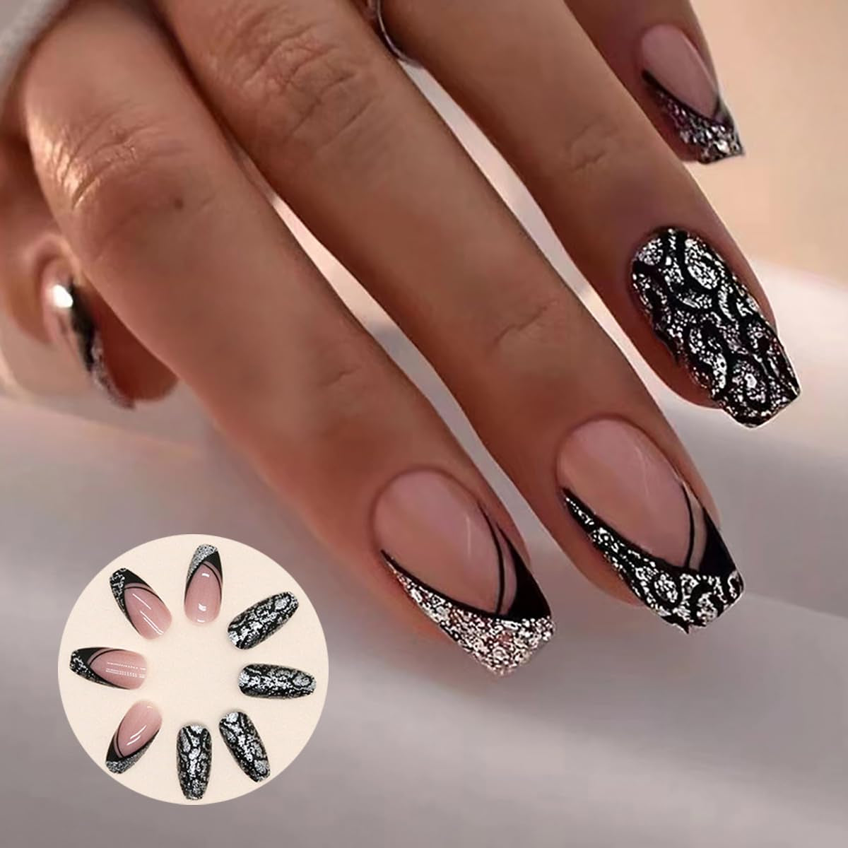 Kunstige negle Naturlig Glitter Kort Tryk På Akryl Selvklæbende Glitter Negle Til Kvinder Piger Nail Art Tilbehør 48 stk.