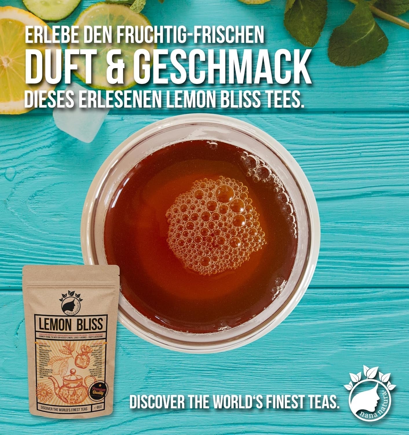 Nananatura'S Original LEMON BLISS TEA 85G | Frugtagtig og forfriskende sommerurtete | Som kold te, iste eller klassisk varm | Med blomster, blade og solmodne bær | Intet sukker