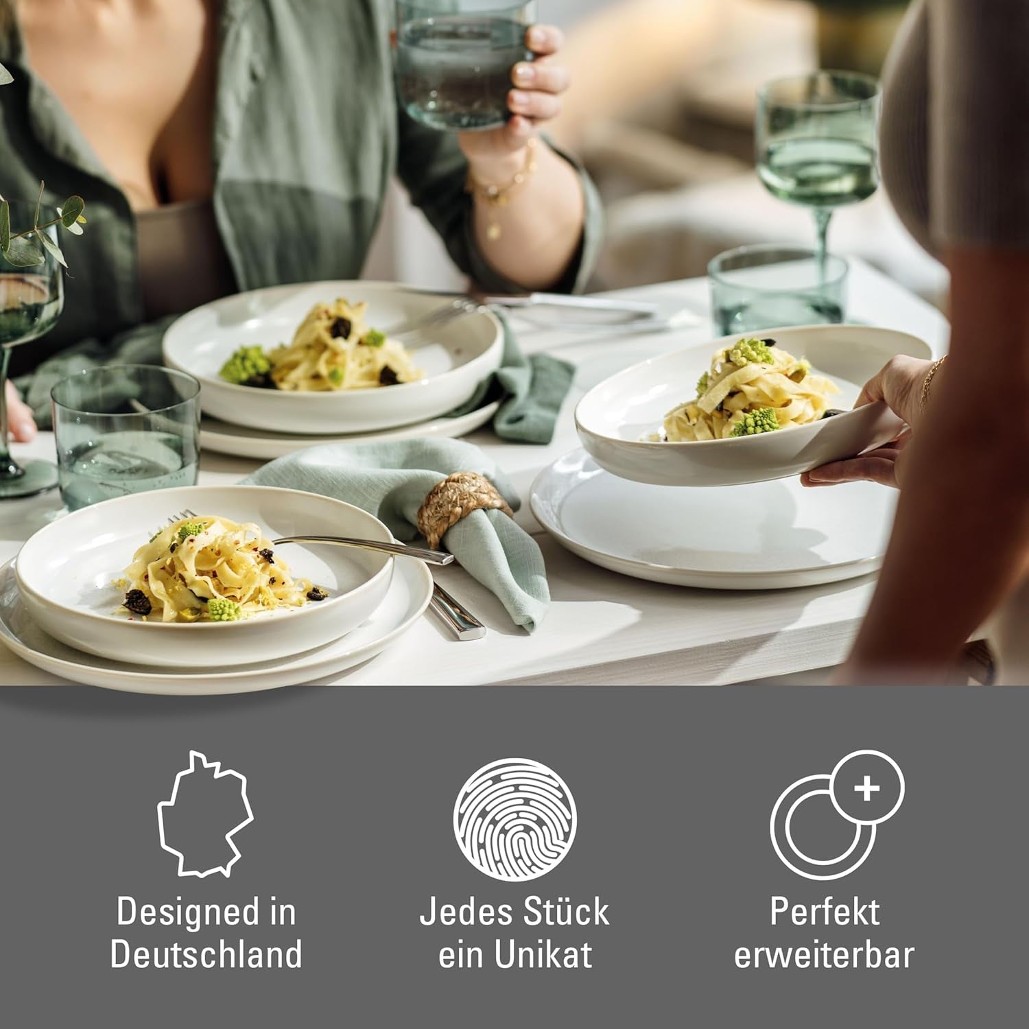ligesom. af Villeroy & Boch – Madlavningssæt i bomuld 4 teilig Weiß, Spülmaschinenfest, Mikrowellensicher, Geschirrset, Tafelservice Modern, Speiseteller, Tiefe Teller, Pottery-Look, Premium Porzellan
