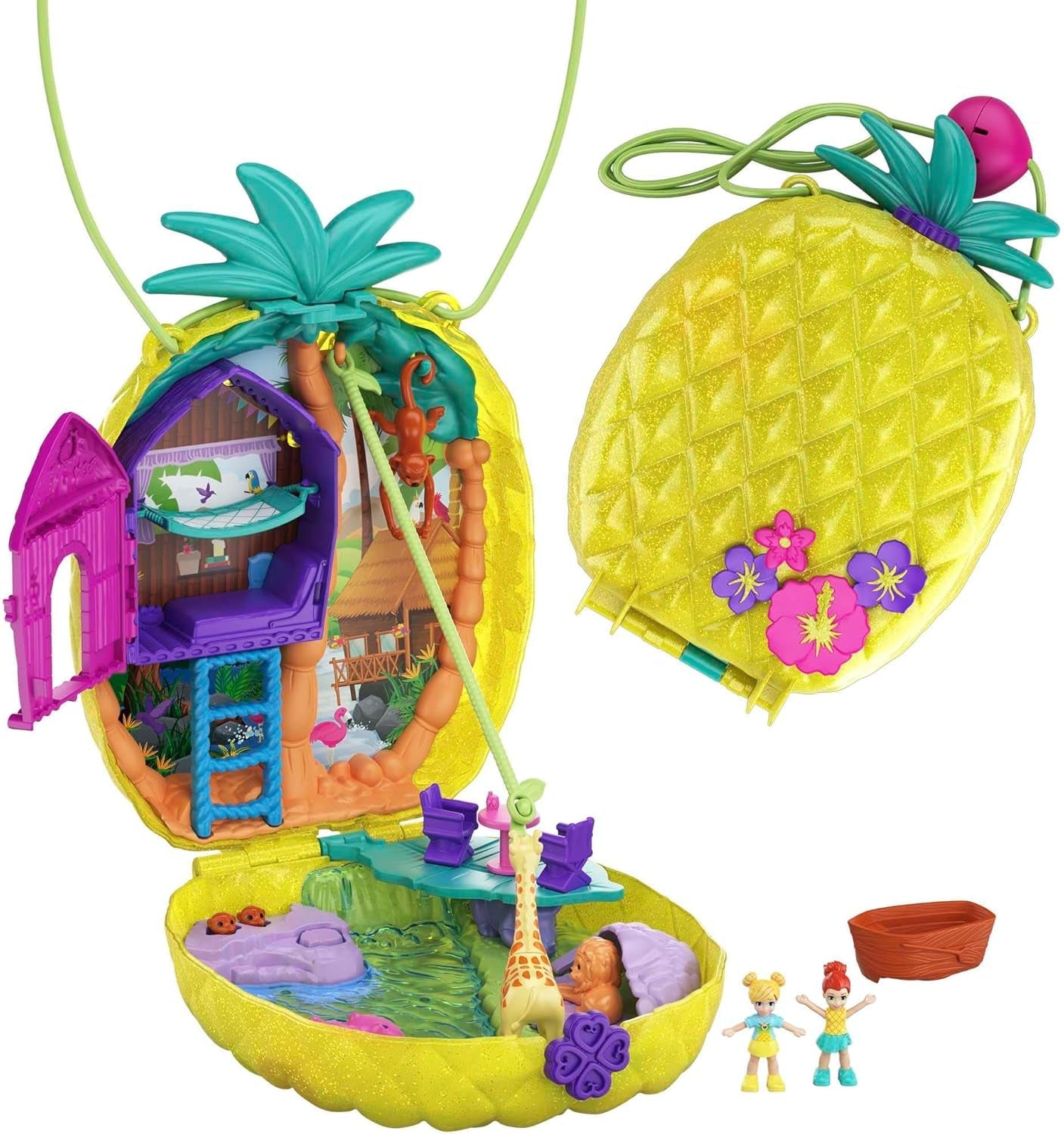 Polly Pocket GKJ64 - Bærbar ananaslomme Kompakt med 8 sjove funktioner, Polly og Lila dukker, 2 tilbehør og klistermærkeark; legetøj til børn fra 4 år og opefter