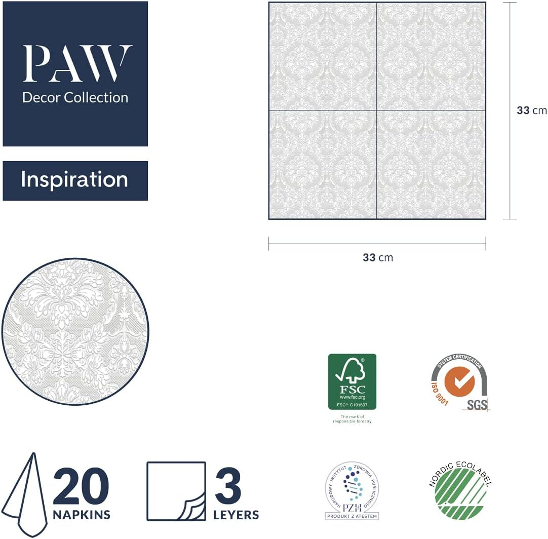 PAW - 3-lags servietter (33 X 33 cm) I 20 stykker I Perfekt til fødselsdage, fester, bryllupper, nadver og helligdage I Farvede papirservietter - særlige lejligheder, ornamenter I Inspiration Classic (guld)