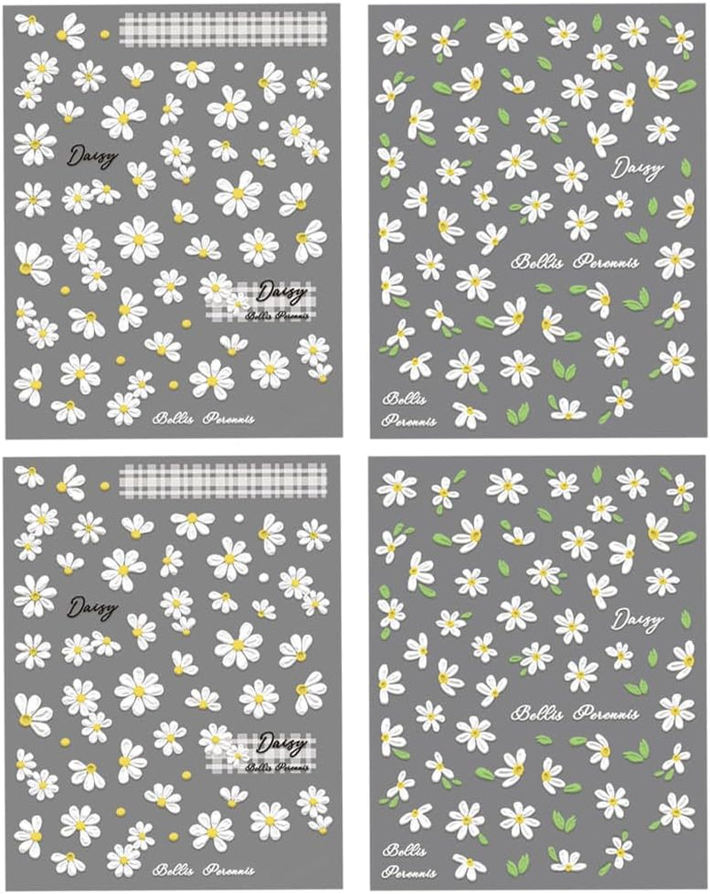 5D prægede hvide tusindfryd Negleklistermærker Blomster Negleklistermærker Blomster Selvklæbende folieklistermærker Neglekunstklistermærker Tusindfryd Negledekoration Tilbehør Blomsterdesignklistermærker Neglekunst