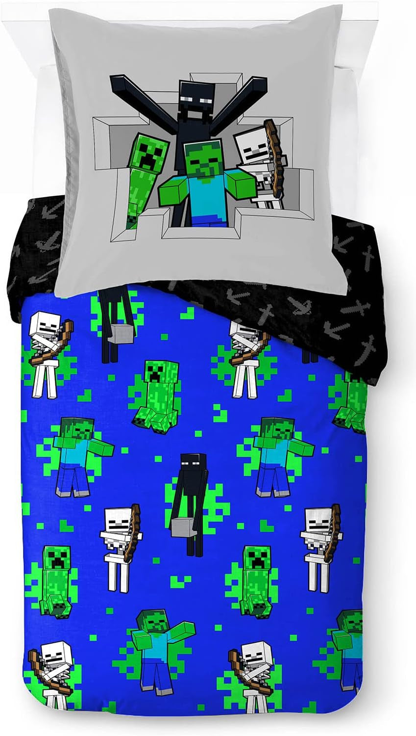 Sengetøj til børn, Disney-figurer, 100% bomuld Sengetøj - børn Naty Shop Blue - Minecraft 135X200/80X80 (2 stk.)
