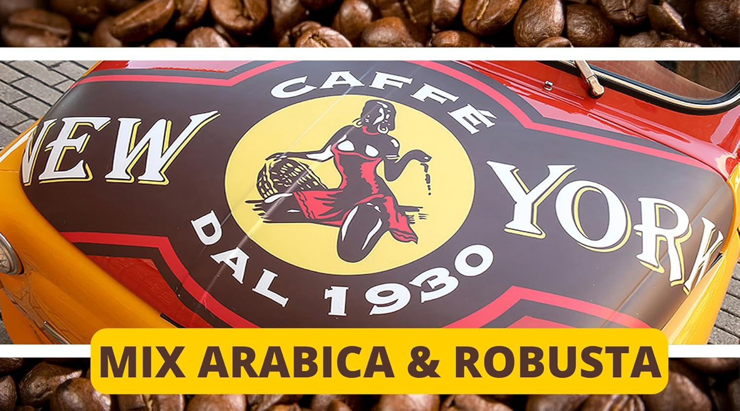 New York Coffee - EXTRA P - Kaffebønner, stærk og afgørende smag, Arabica og Robusta bønner, til maling, italiensk espresso, barblanding - premium kvalitet siden 1930 - 1 kg, bønner