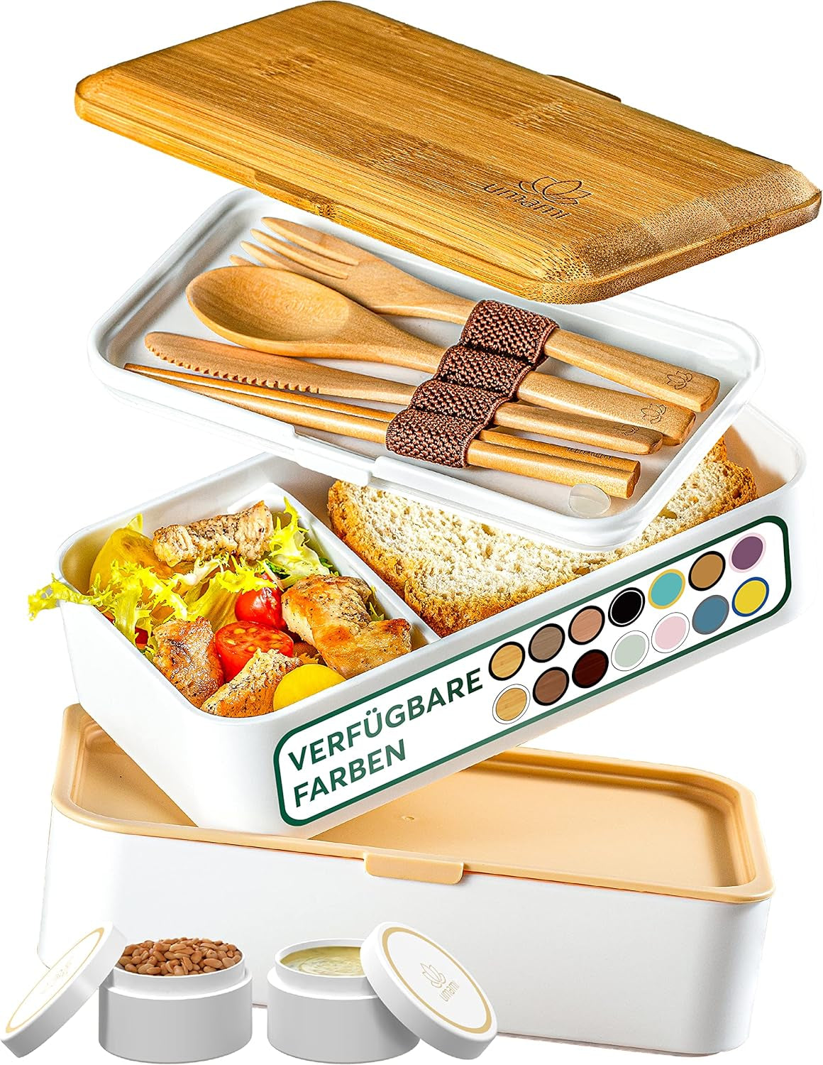 Umami Madpakke til voksne, Lækagesikker stabelbar Bento-kasse med 4 bestik og rum, Voksen Madkasse, To-Go-salatbeholder, Picnic-/kontormadkasse, koksgrå, 1500 ml