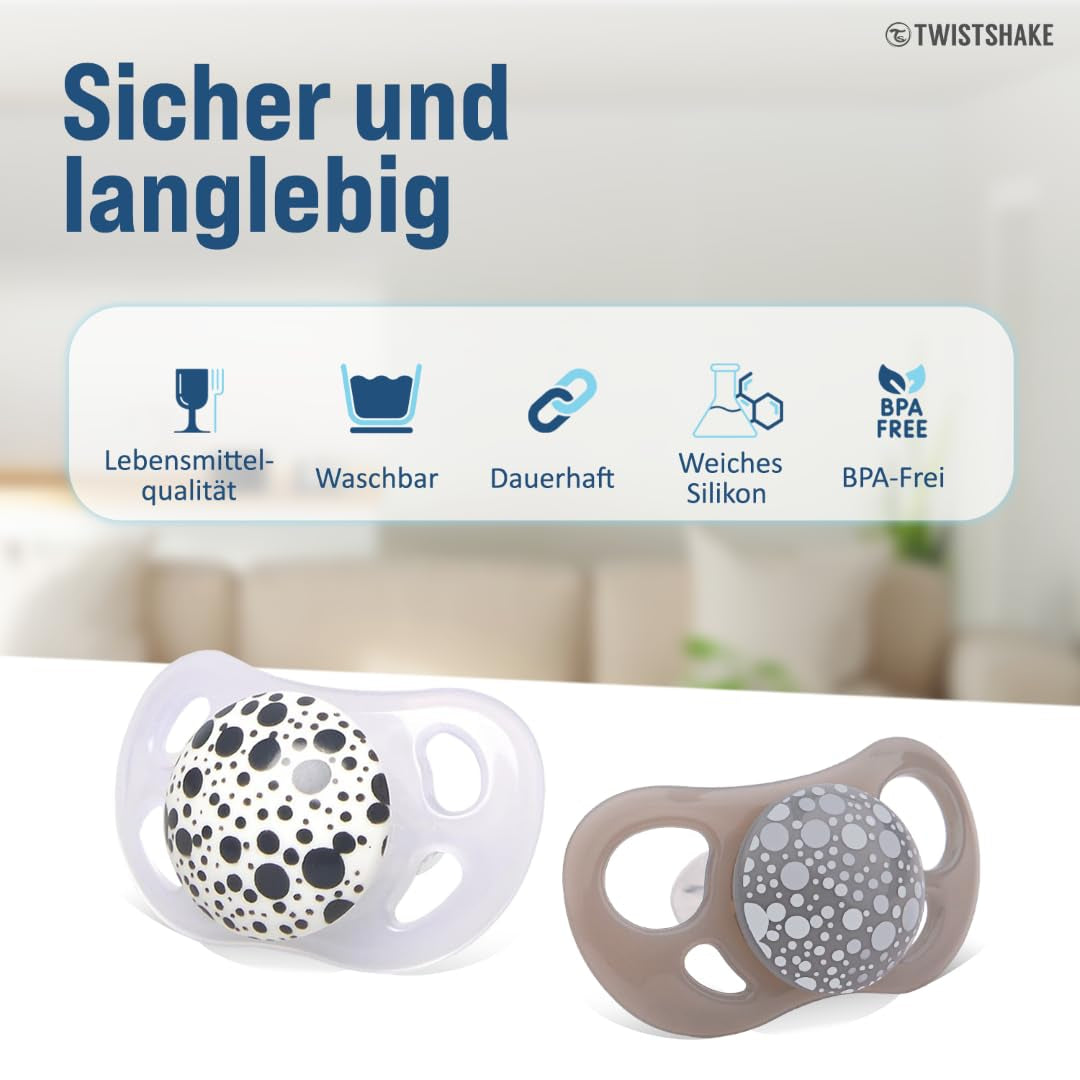 Twistshake babysutter – pakke med 2 | Ortodontisk form | Ultralet | Blød silikonesutter | BPA fri | Velegnet til babyer fra 6 måneder | Grå-hvid