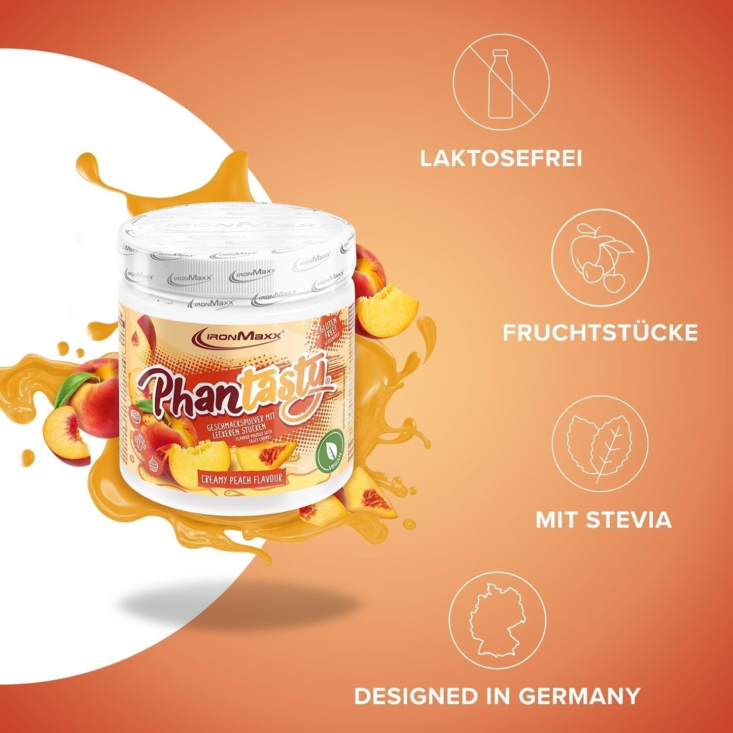 Ironmaxx Phantasty - Creamy Peach 250G Dose | Vegansk Geschmackspulver Mit Echten Frucht- Oder Nussstückchen | Perfekter Zuckerersatz Sweeteners Naty Shop