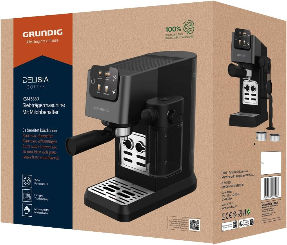 Portafilter espressomaskine GRUNDIG KSM 5330 med integreret mælkebeholder, effekt 1628 W, pumpetryk 15 bar, dobbelt mundstykke, farvetouchdisplay, BrewSense, CreamyPro, Mørk rustfrit stål/Sort