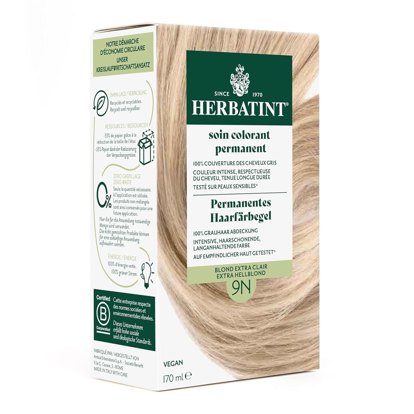 Permanent hårfarvegel 6N mørkblond - 170 ml I ammoniakfri, 100 % grå hårdækning Jeg testet på følsom hud, med 8 planteekstrakter Naty Shop hårfarve 9N meget lys blond