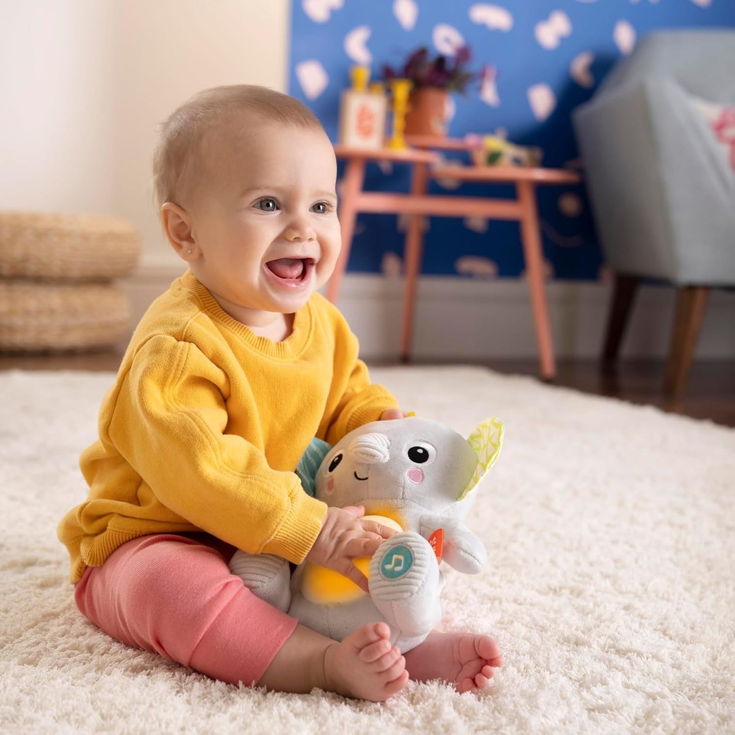 Bright Starts, kram-a-bye babyelefantlegetøj med lys, sange, forskellige teksturer og mere, multi-farvet legetøj Bebe Naty Shop