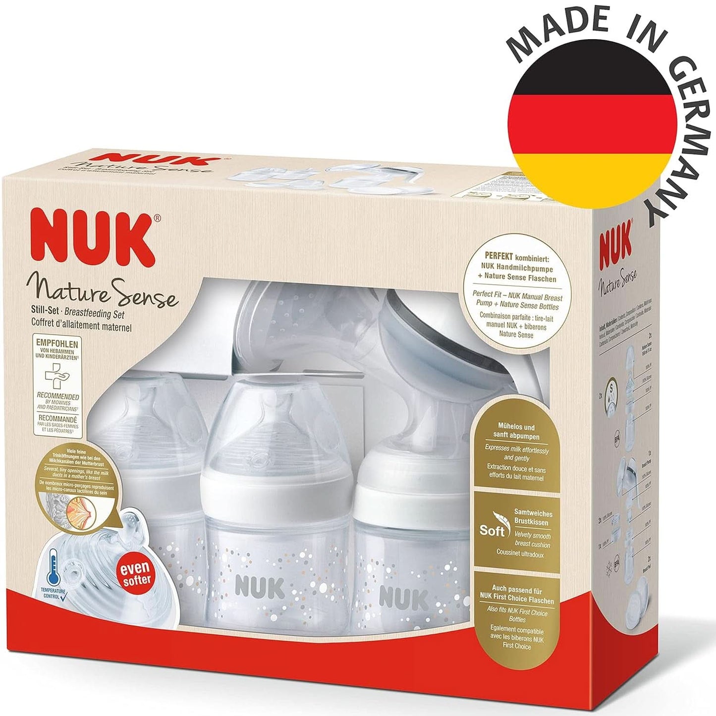 NUK Nature Sense manuel brystpumpe | Ammesæt med manuel brystpumpe, flasker og ammeindlæg Ultra Dry Comfort | 6 stk Babymad og ammetilbehør Naty Shop