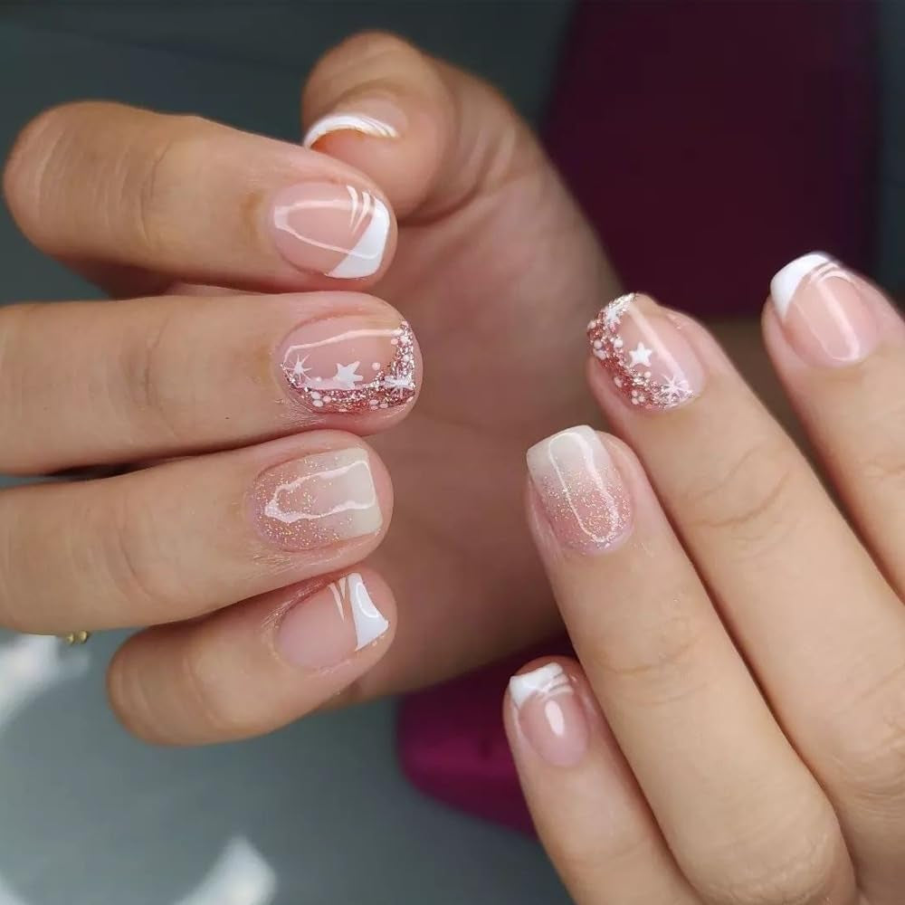 Selvklæbende kunstige neglesæt - franske falske negle - 24 stykker Kort firkantet design Hvid Pink Gradient Kunstige Negle Ballerina Manicure (Kort Pink Gradient)