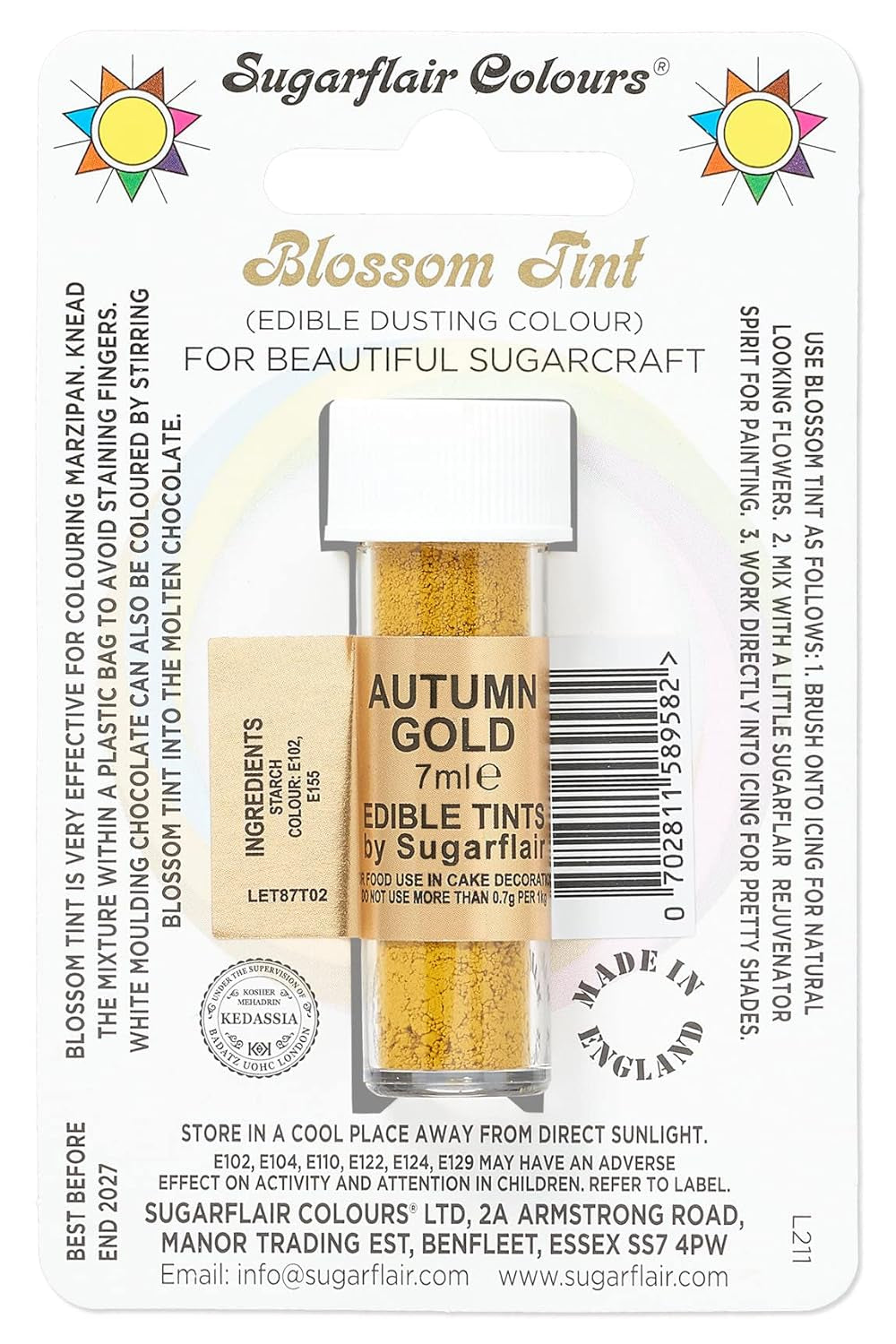 Sugarflair Blossom Tint Dust Madfarvepulver Autumn Gold - Madfarvepulver til dekorationer Farvet sukkerpasta, fondant, glasur, chokolade, smørcreme, macarons - 7 ml