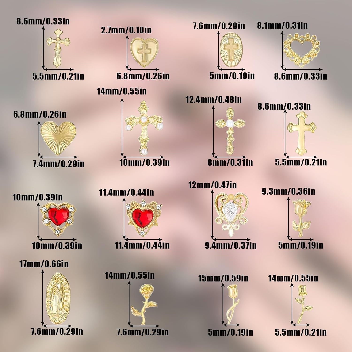 Guld Nail Charms 80 stk Cross Rose Heart Virgin Mary Nail Gems Metallegering Nail Accessories til Manicure Design Dekorationer DIY Crafts