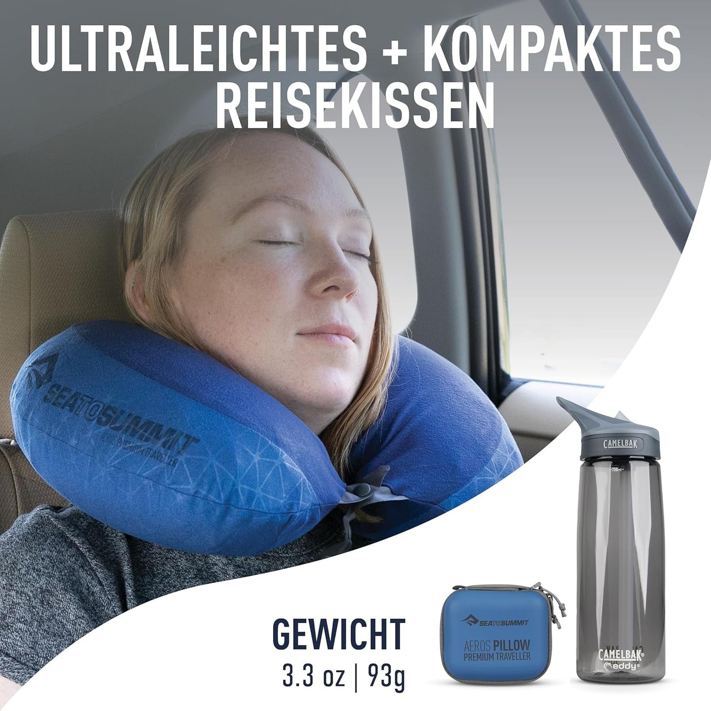 Sea to Summit - Eros Premium lændestøttepude - Oppustelig støttepude - Rygaflastning - 50D polyestermateriale - Kompakt rejsetaske - Service, rejser og biludflugter - Marineblå - 93g