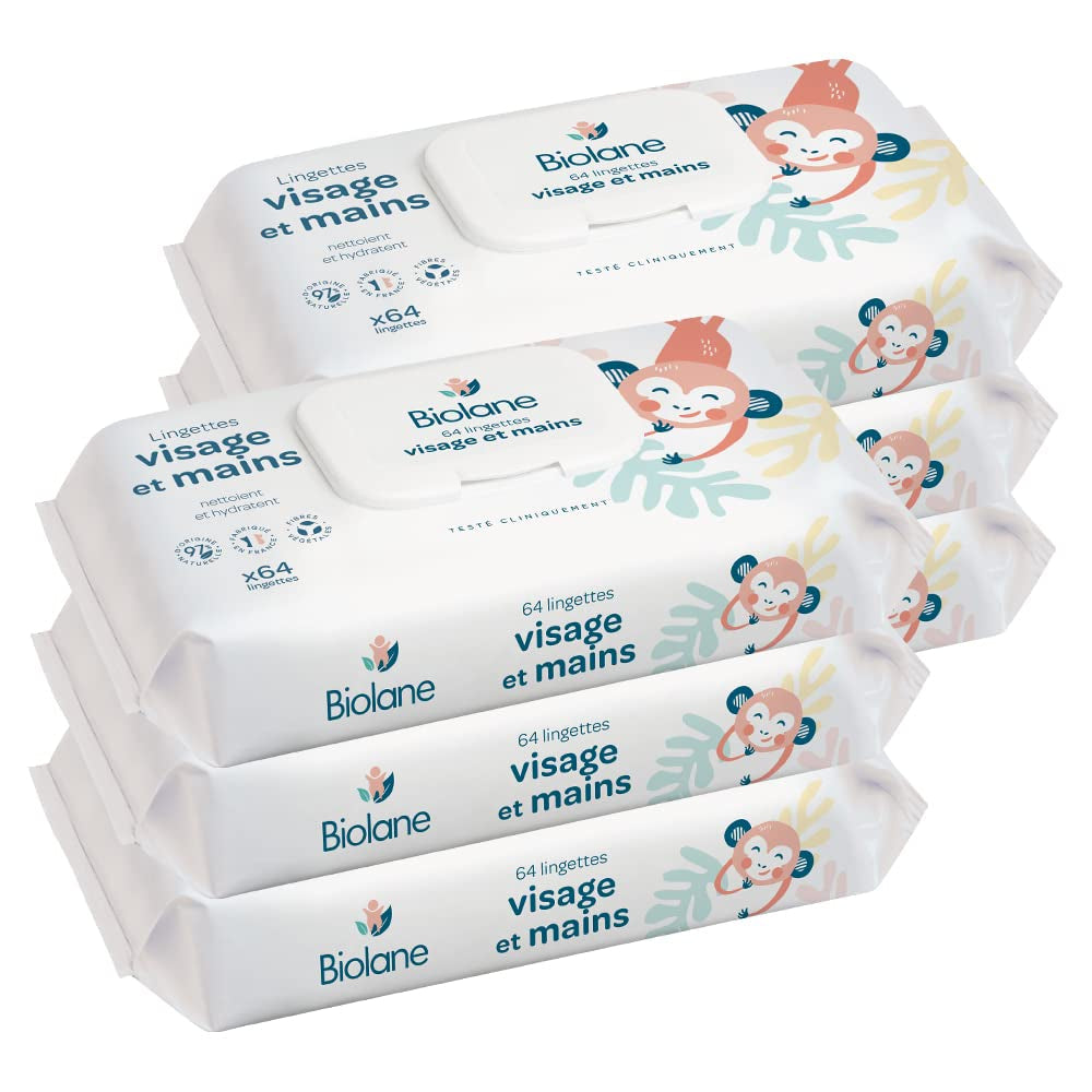 BIOLANE - Babyvådservietter til ansigt og hænder - Pakke med 6 - 384 servietter (6 x 64 cm) - Renser og beskytter - Toiletartikler - Hypoallergen - Til følsom hud - 97 % naturlige ingredienser - Lavet