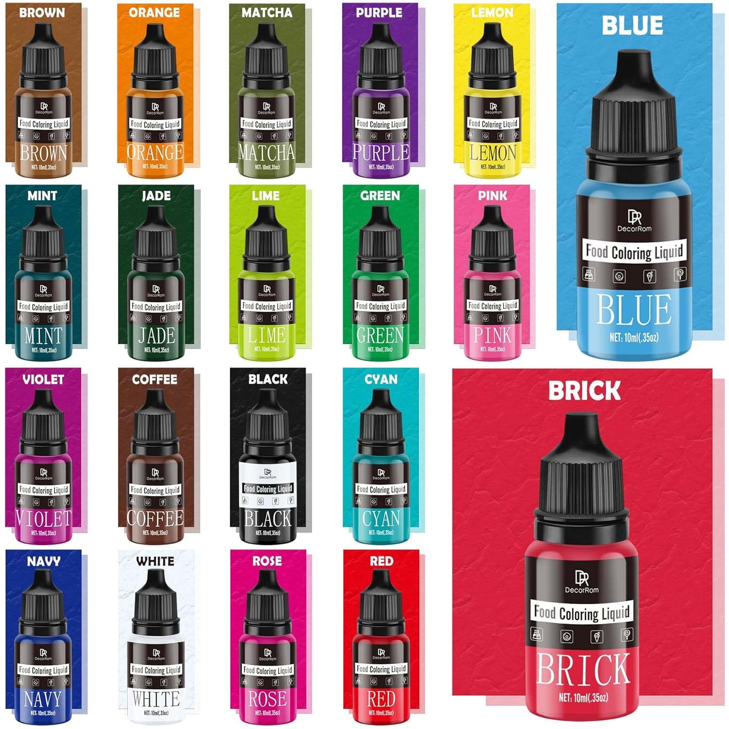Madfarve - 20 farver x 10 ml koncentreret flydende madfarve til kagepynt, bagning, småkager, macarons - sukkerfri madfarve til drikkevarer, kagedekoration, DIY-slim, påskeæg