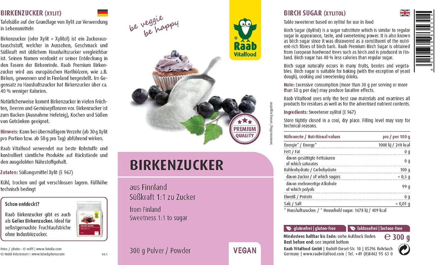 Raab Vitalfood Premium, Birkesukker med Xylitol sødemiddel, Vegansk, 1:1 Alternativ til sukker, 300 gram Sødemidler Naty Shop