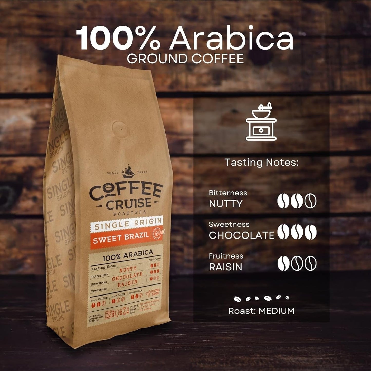 COFFEE CRUISE Sweet Brazil Brasilianische Kaffeebohnen 1kg - Mittlere Röstung - Aroma Kakao und Schokolade - Für All Kaffeemaschinen - 100% arabisk