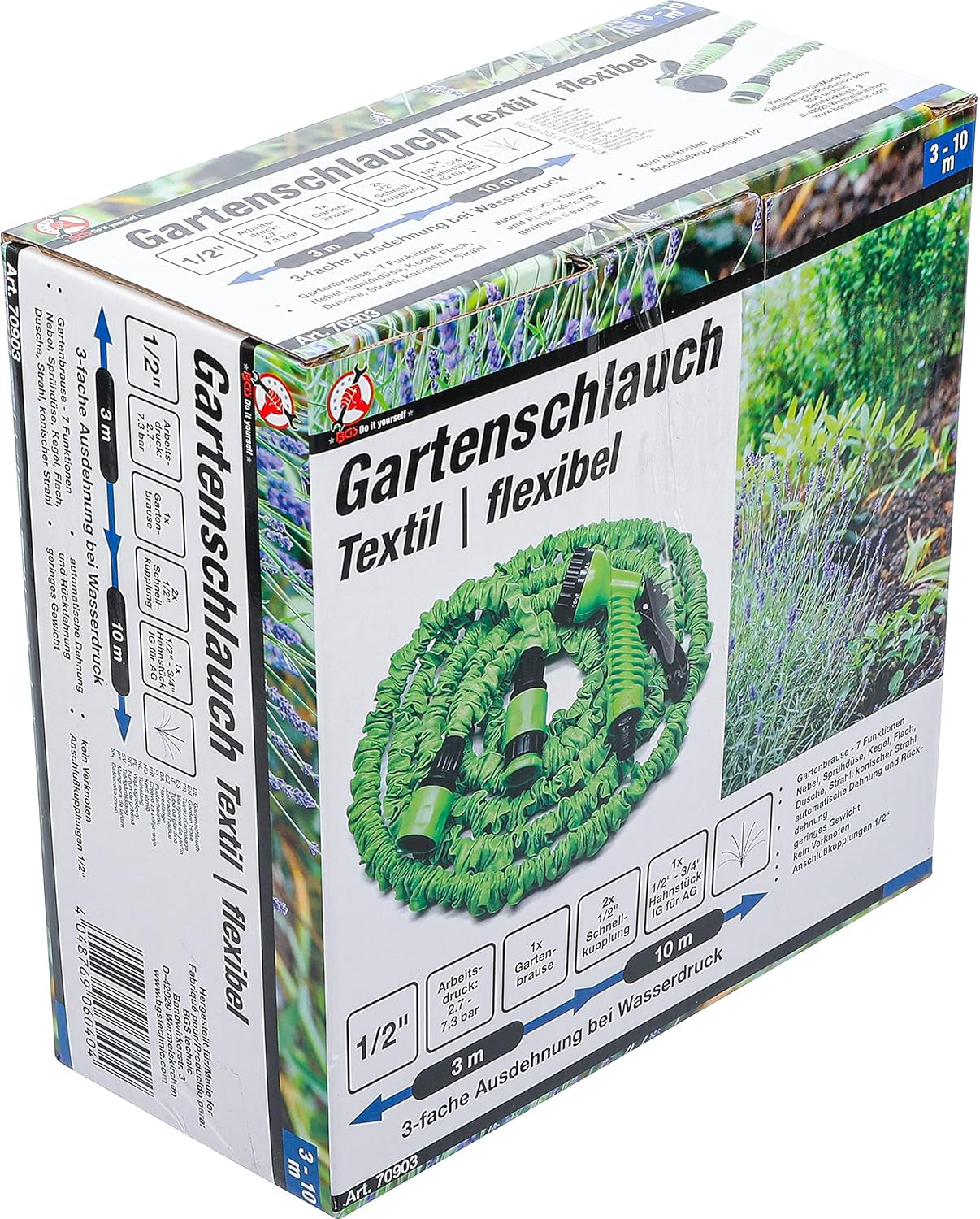 BGS DIY 70903 | Vandslange | Tekstil | Fleksibel | med havebruser med 7 funktioner | 3-10 m