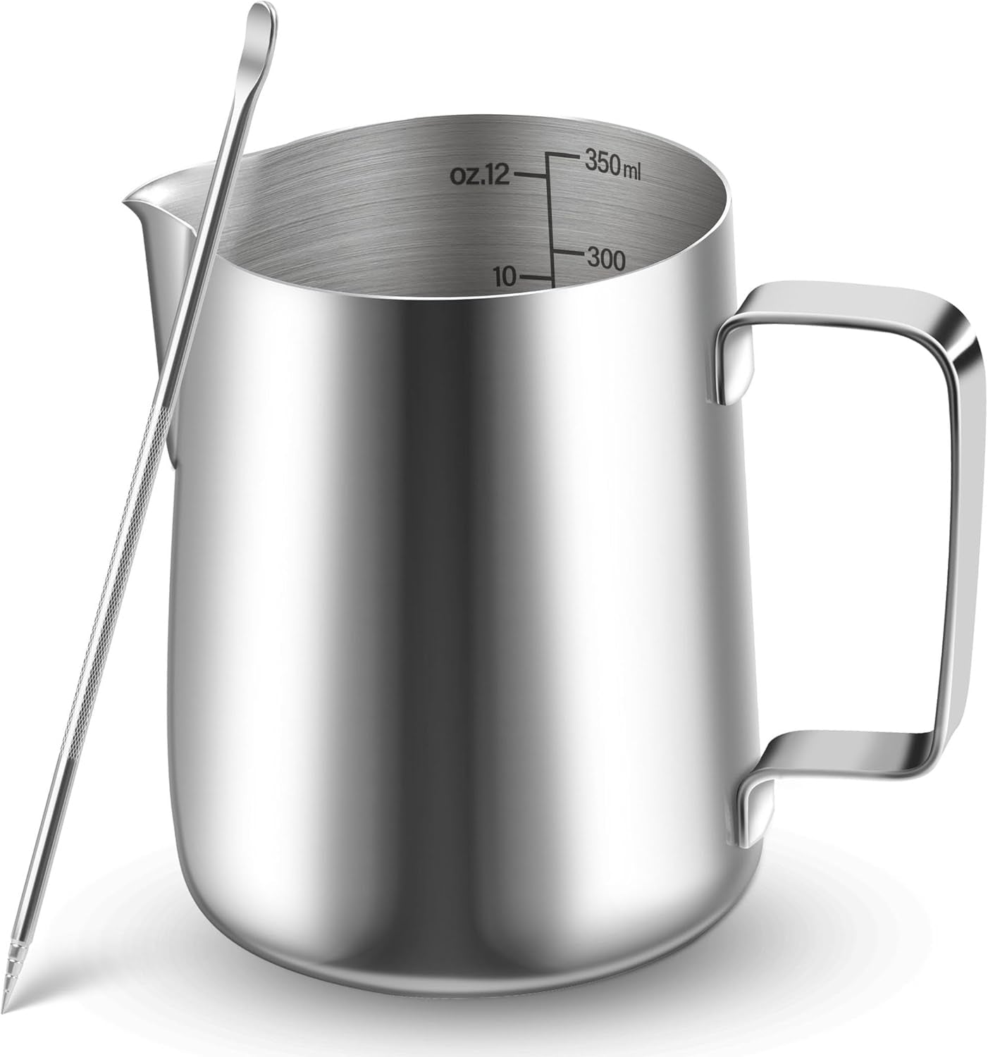 Mælkekrus, 350 ml Mælkekrus i rustfrit stål med målemærke, Barista-tilbehør, Mælkekrus til Cappuccino, Espresso, Latte Art, Kaffeelskere, Sølv, 355ml
