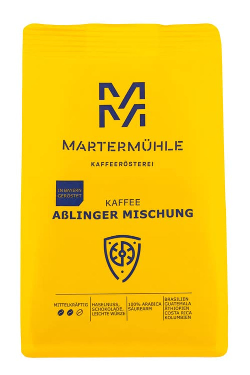 Martermühle Aßlinger Mischung Kaffeebohnen 1 kg I Arabica I Smagsvarianter: Haselnuss, Leichte Würze, Schokolade I Ganze Kaffee-Bohnen schonend geröstet, säurearm