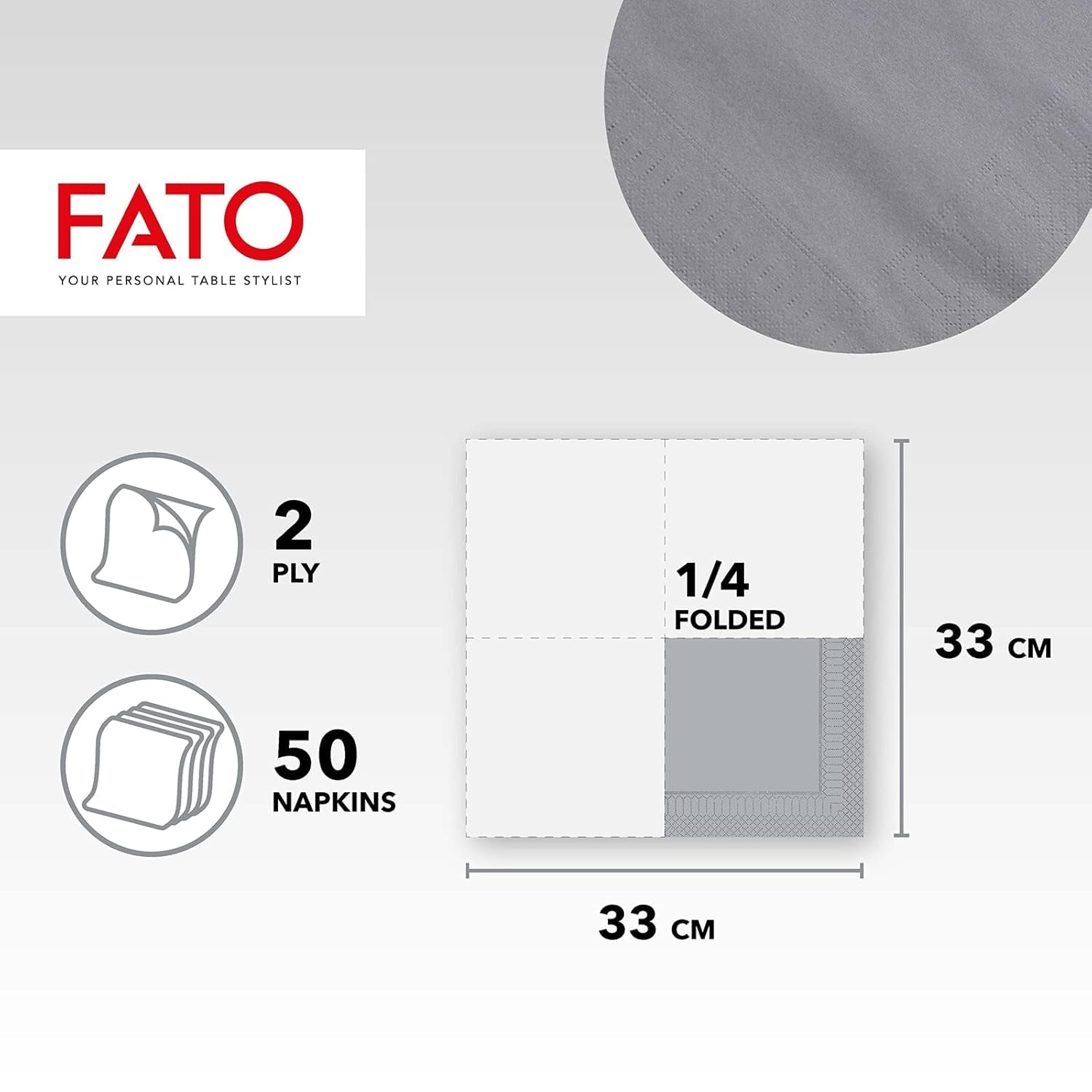 , Papirservietter til engangsbrug, ideelle til afslappede frokoster og buffeter, pakke med 50 servietter, størrelse 33X33, foldet i 4, 2 lag, gråt, 100 % rent cellulosepapir, Fsc-certificeret
