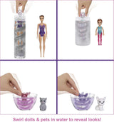 Barbie GXJ88 - Color Reveal Surprise Party, +50 overraskelser: 1 dukke, 1 Chelsea-dukke, 2 dyr, 6 farveændringer, tilbehør og mere, dansefestsæt, legetøjsgave til børn fra 3 år og opefter