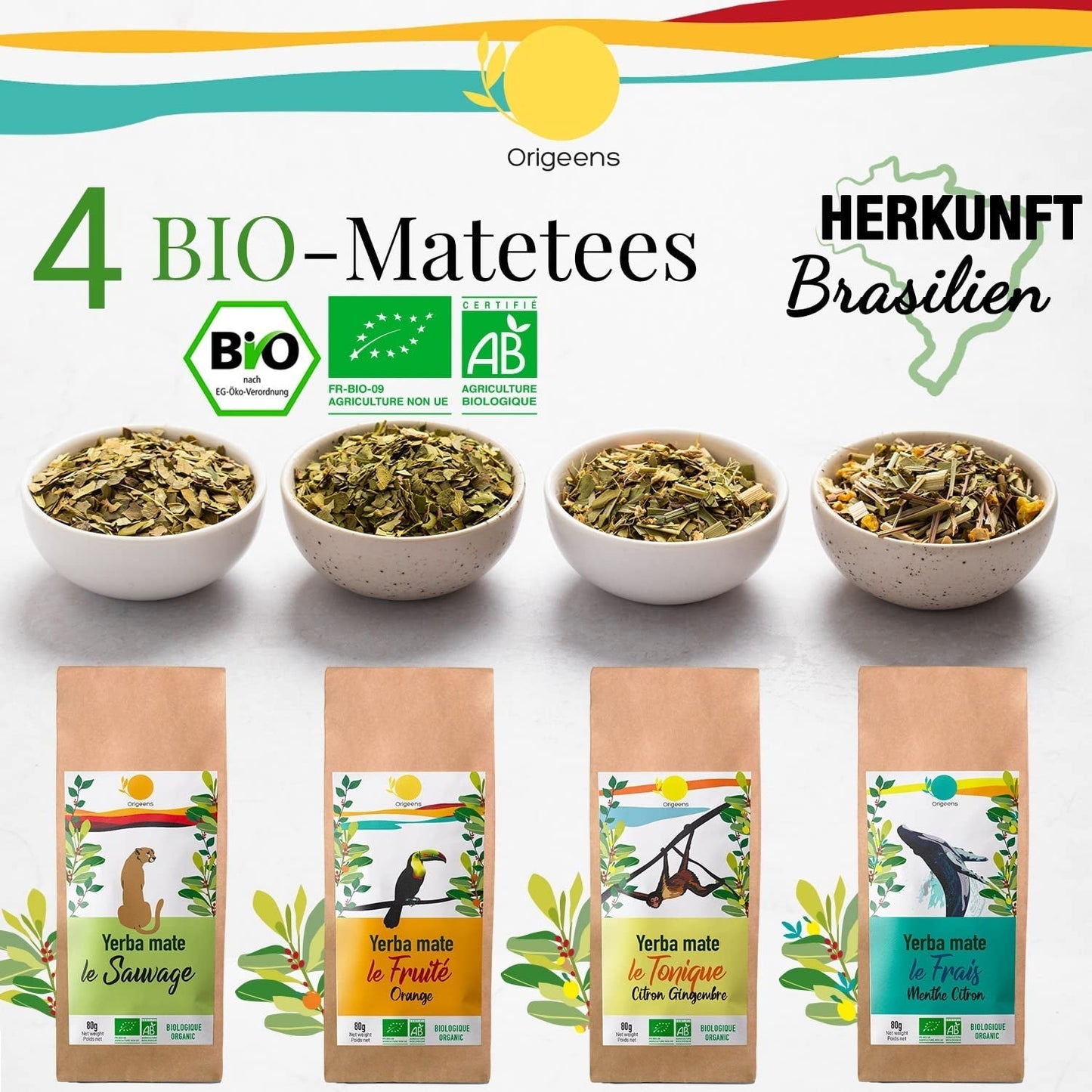 ORIGEENS BIO MATE TE GAVESÆT X4 I Yerba Mate Bio 4X80G I Yerba Mate tesæt, gaveidé