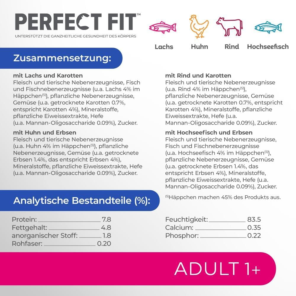 Perfect Fit Adult 1+ vådfoderudvalg med laks, dybhavsfisk, oksekød og kylling, 48 poser, 12x85g (pakke med 4) - Premium vådfoder til voksne katte fra 1 år