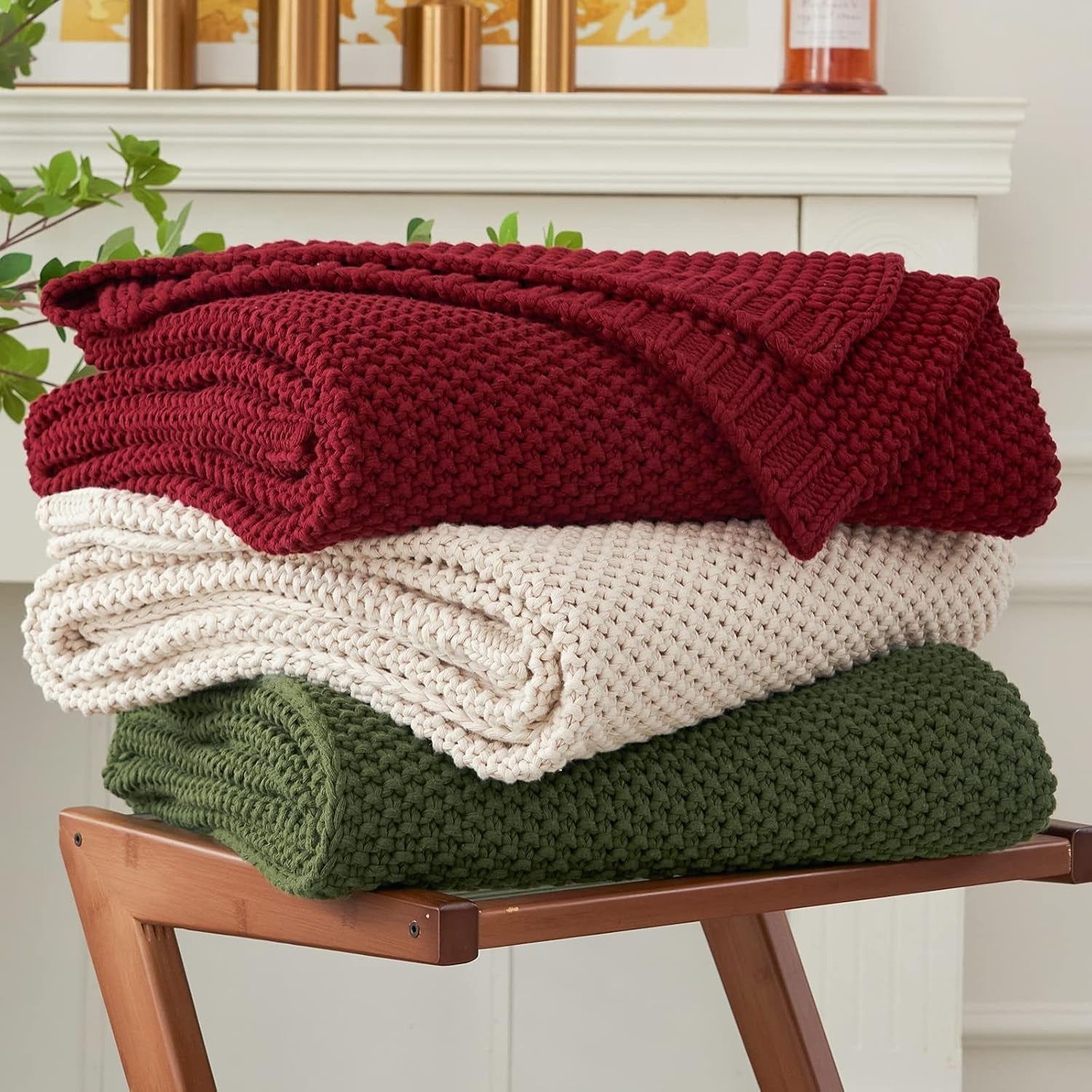 Chunky strik tæppe, Letvægts, Beige, 100% økologisk bomuld, Tæppe til sofa, sofa, seng, barn, børneværelse, Rustik, Shabby chic, Moderne bondehus, 152,4 X 203,2 cm, Inklusiv vaskepose Senge og tæpper Longhui sengetøj Rød 51"X63"