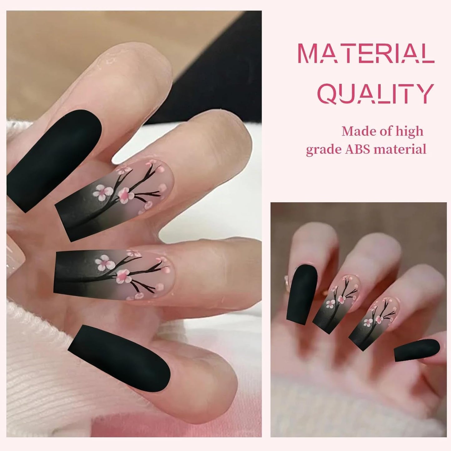 24 stk Autumn Black French Press Negle Pink Flower Lange negle lim på falske negle Autumn falske negle sæt med tilbehør