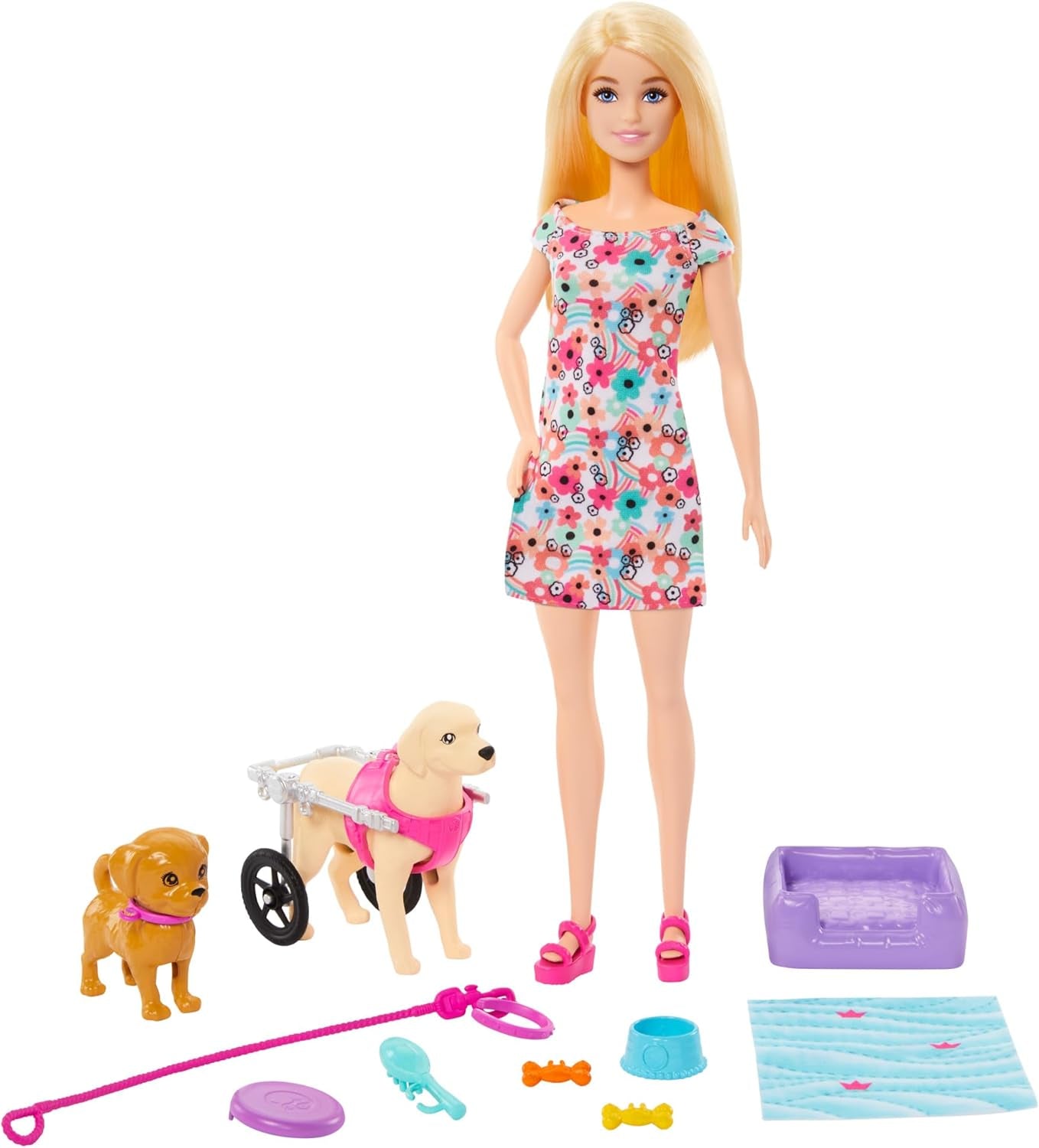 Barbie Dog Duo Duo og tilbehør, inklusive lille hund og stor hund med kørestol, snor, madskål, kæledyrsseng og godbidsknogler, fra 3 år og opefter, HTK37 Naty Shop Dolls Standardtitel
