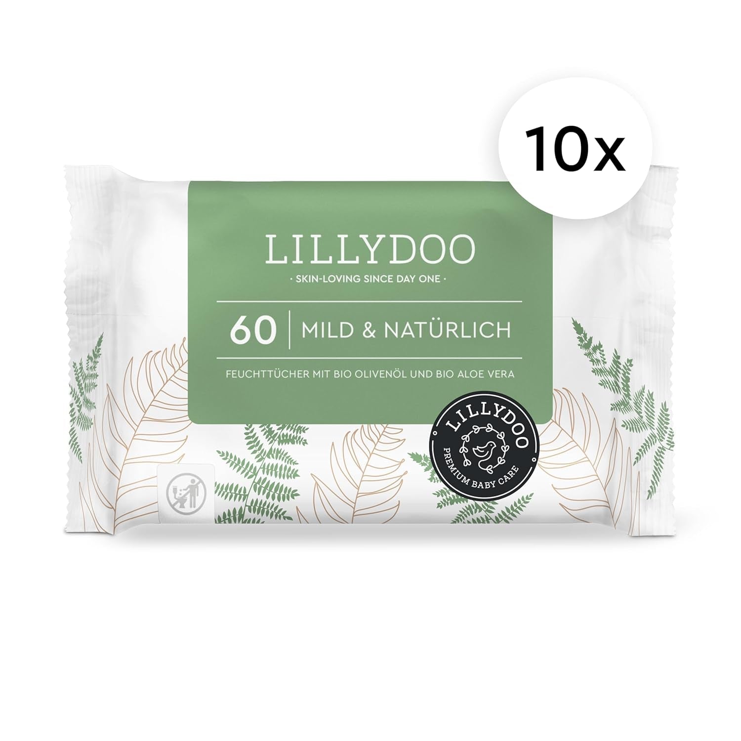 LILLYDOO grønne vådservietter, 600 count (10 x 60), 100 % plastfri rivefast serviet - Parfumefri, skånsom og naturlig, skånsom rensning til følsom hud, dermatologisk testet
