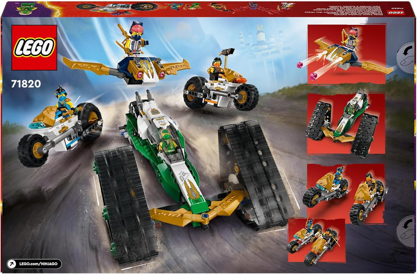 LEGO NINJAGO Ninja Team Combi Caterpillar 4 i 1 sæt med svævefly, racerbil og 2 motorcykler og 6 minifigurer Gave til drenge og piger Ninja legetøj 71820 byggesæt Besuche den LEGO-Store